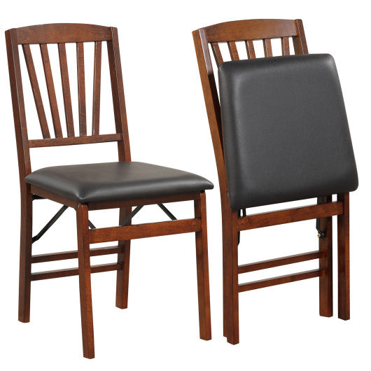 Set of 2 Folding Chairs with Padded Seat and Rubber Wood Frame-Brown
