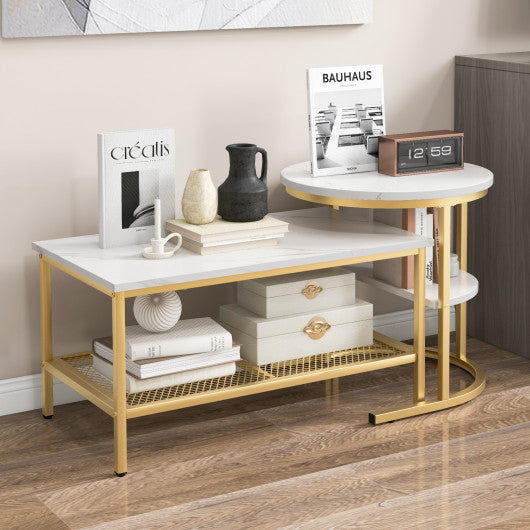 Set of 2 Nesting Coffee Table with Extra Storage Shelf for Living Room-Golden