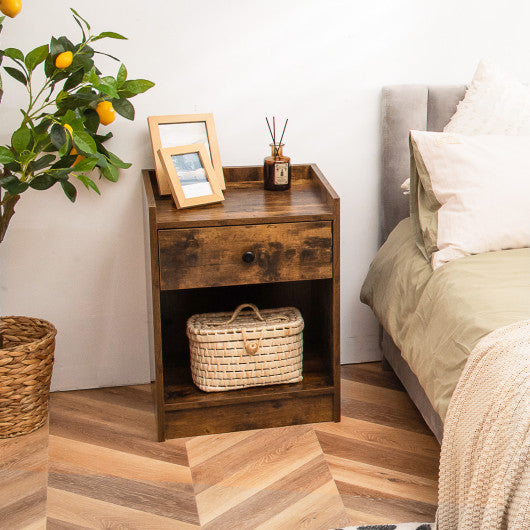 Set of 2 Nightstand with Drawer Cabinet End Side Table Raised Top-Brown