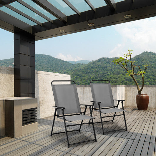 Set of 2 Outdoor Folding Sling Chairs with Armrest and Backrest-Gray