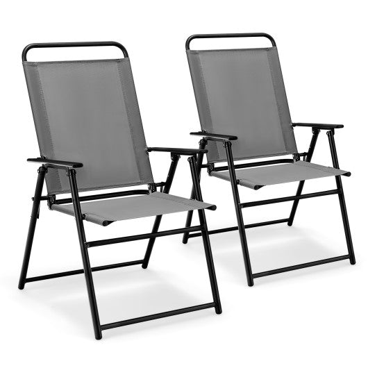 Set of 2 Outdoor Folding Sling Chairs with Armrest and Backrest-Gray