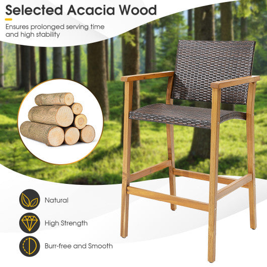Set of 2 PE Wicker Patio Bar Chairs with Acacia Wood Armrests-Set of 2