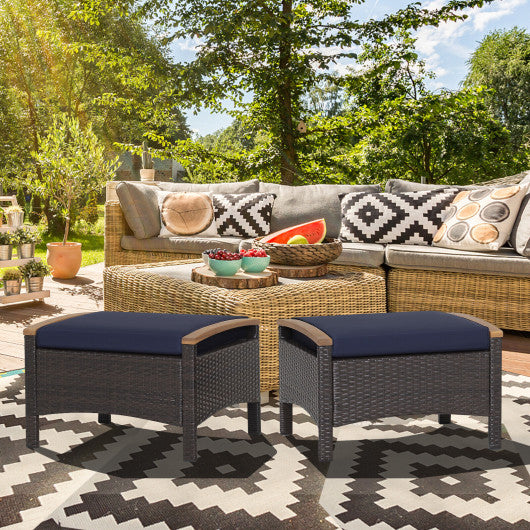 Set of 2 Fade-Resistant Wicker Patio Ottoman-Navy
