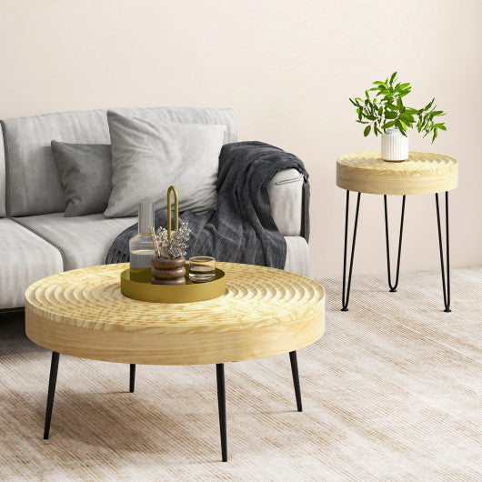 Set of 2 Solid Wood Farmhouse Round Coffee Tables-Natural