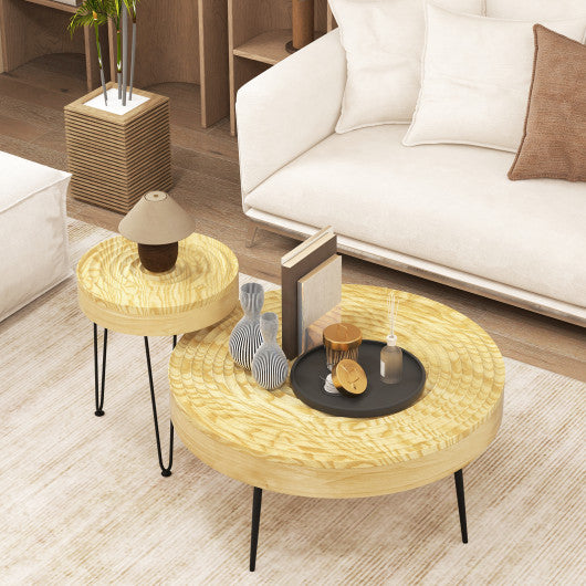 Set of 2 Solid Wood Farmhouse Round Coffee Tables-Natural