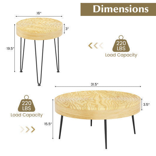 Set of 2 Solid Wood Farmhouse Round Coffee Tables-Natural