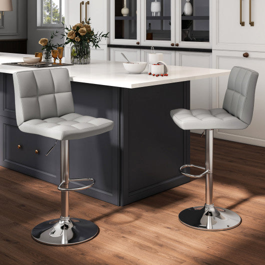 Set of 2 Square Swivel Adjustable Bar Stools with Back and Footrest-Gray