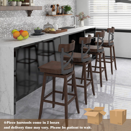 Set of 2 Wooden Swivel Bar Stools with Open X Back and Footrest-29 inches