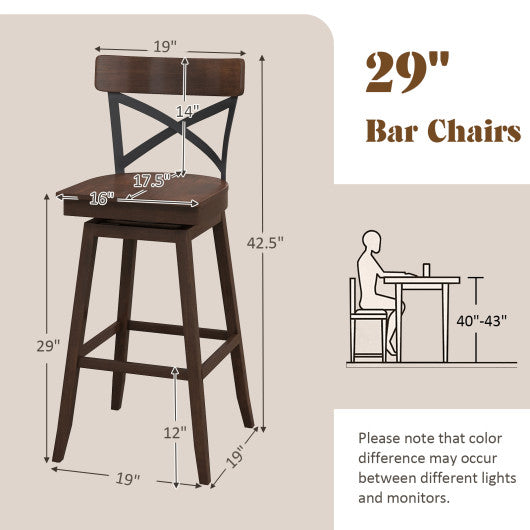 Set of 2 Wooden Swivel Bar Stools with Open X Back and Footrest-29 inches