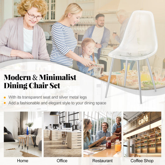 Set of 4 Dining Chairs Modern Plastic Shell Side Chair with Clear Seat and Wood Legs-Silver