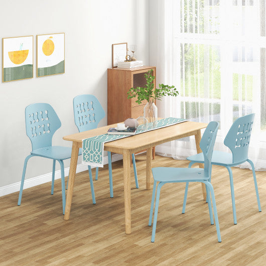 Set of 4 Metal Dining Chair with Hollowed Backrest and Metal Legs-Blue
