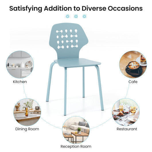 Set of 4 Metal Dining Chair with Hollowed Backrest and Metal Legs-Blue