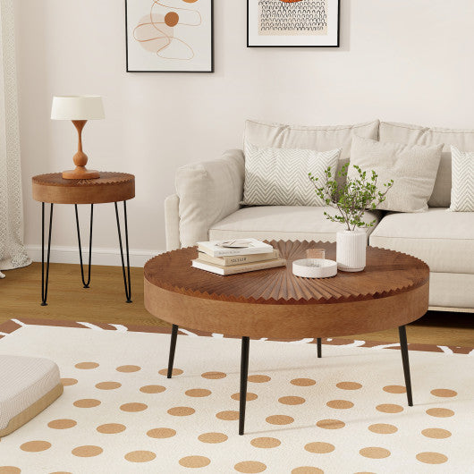 Set of 2 Boho Round Coffee Table with Solid Pine Wood Top and Metal Legs-Brown