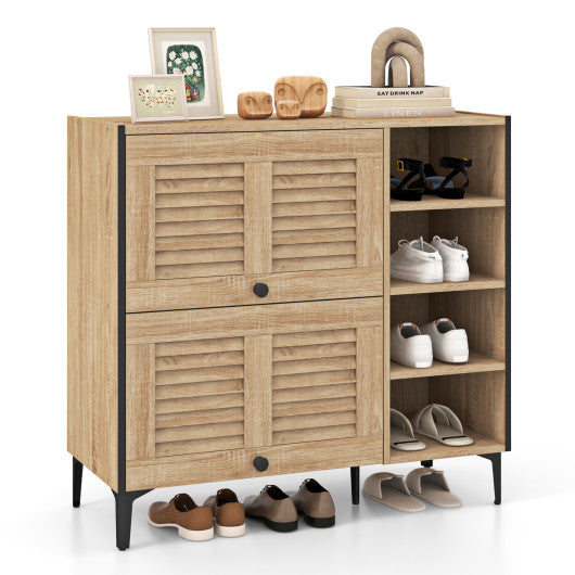 Shoe Rack Organizer with Flip-up See-through Doors and Adjustable Shelves-Oak