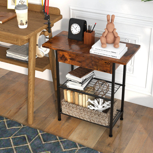 Side End Table with Charging Station Flip-Up Top for Living Room-Rustic Brown