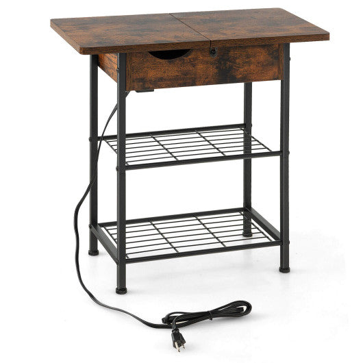 Side End Table with Charging Station Flip-Up Top for Living Room-Rustic Brown
