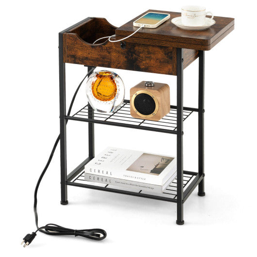 Side End Table with Charging Station Flip-Up Top for Living Room-Rustic Brown
