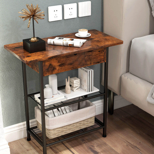 Side End Table with Charging Station Flip-Up Top for Living Room-Rustic Brown