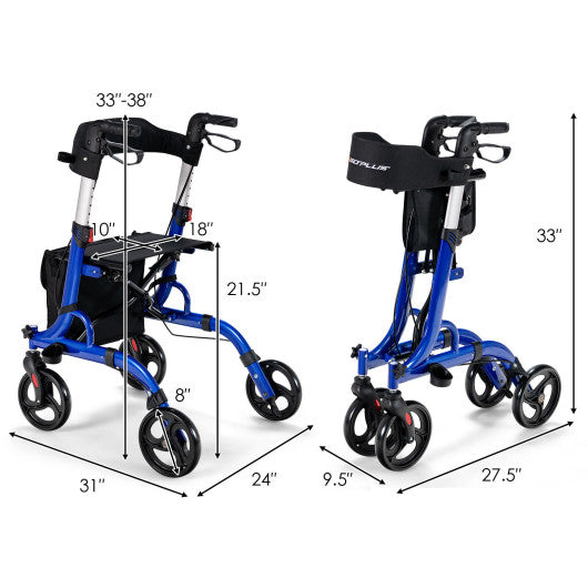 Folding Aluminum Rollator Walker with 8 inch Wheels and Seat-Blue