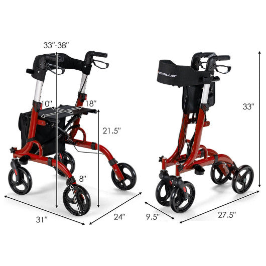 Folding Aluminum Rollator Walker with 8 inch Wheels and Seat-Red