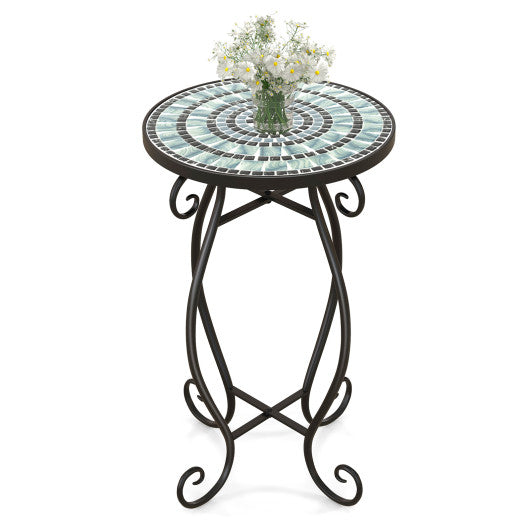 Small Plant Stand with Weather Resistant Ceramic Tile Tabletop-Black & Smoke Blue