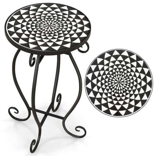 Small Plant Stand with Weather Resistant Ceramic Tile Tabletop-Black & White