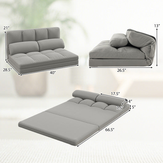 Floor Sofa Bed with 6 Positions Adjustable Backrest Skin-friendly Velvet Cover-Light Gray