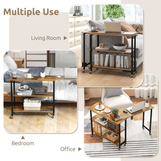 360° Rotating Sofa Side Table with 2-Tier Storage Shelves-Brown