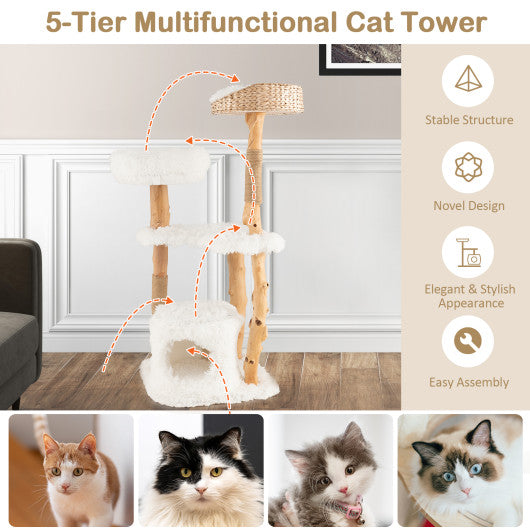 Solid Wood Cat Tower with Top Cattail Basket Cat Bed for Indoor Cats-White