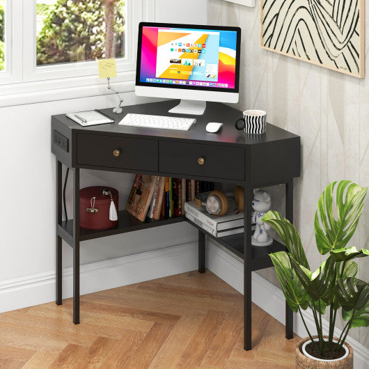 Triangle Corner Desk with Charging Station with 2 Drawers and Storage Shelf-Black