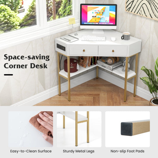 Triangle Corner Desk with Charging Station with 2 Drawers and Storage Shelf-White
