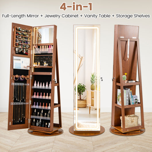 Standing Jewelry Cabinet with Adjustable LED Lights-Brown