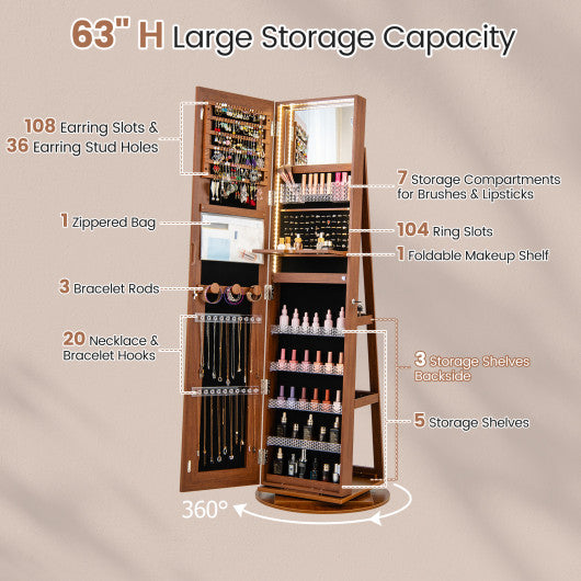 Standing Jewelry Cabinet with Adjustable LED Lights-Brown