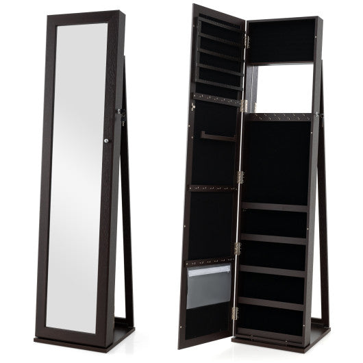 Standing Lockable Jewelry Storage Organizer with Full-Length Mirror-Coffee