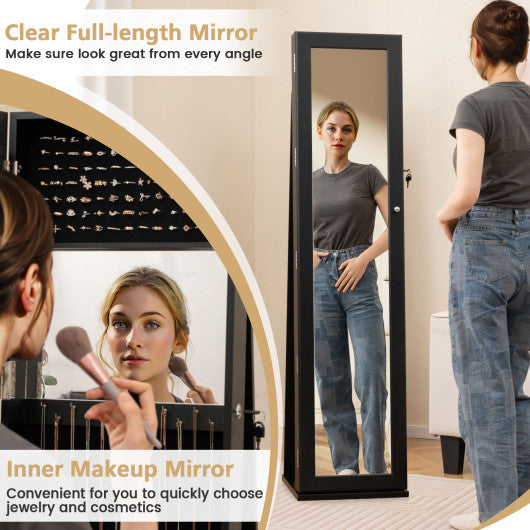 Standing Lockable Jewelry Storage Organizer with Full-Length Mirror-Black