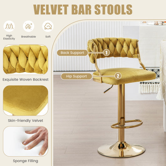 Swivel Barstool with Woven Back Set of 2 for Kitchen Island Cafe-Yellow