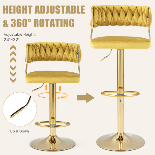 Swivel Barstool with Woven Back Set of 2 for Kitchen Island Cafe-Yellow