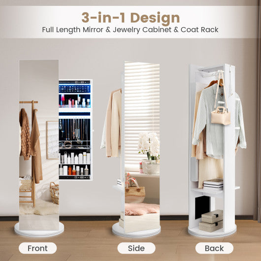 360-Degree Swivel Jewelry Cabinet Armoire with Full Length Mirror and Coat Rack-White