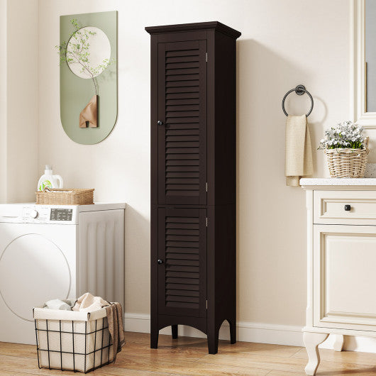 Tall Bathroom Floor Cabinet with Shutter Doors and Adjustable Shelf-Brown