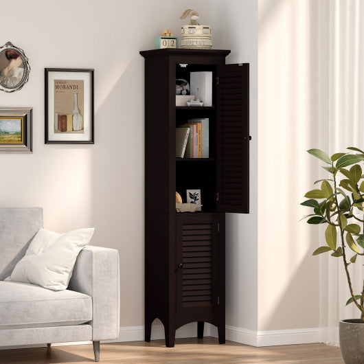 Tall Bathroom Floor Cabinet with Shutter Doors and Adjustable Shelf-Brown