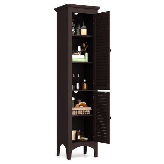 Tall Bathroom Floor Cabinet with Shutter Doors and Adjustable Shelf-Brown