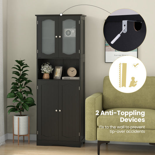 64.5 Inches Tall Bathroom Storage Cabinet with Frost Glass Doors and Shelves-Black