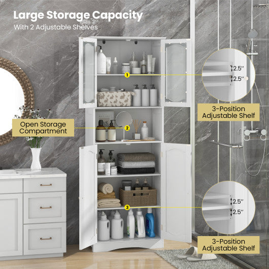 64.5 Inches Tall Bathroom Storage Cabinet with Frost Glass Doors and Shelves-White