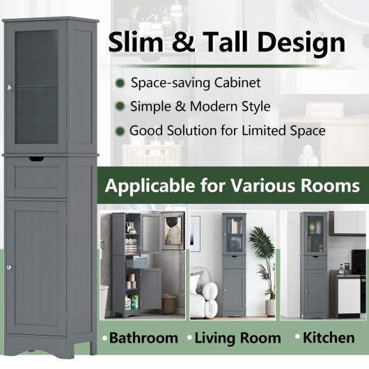 Tall Floor Storage Cabinet with 2 Doors and 1 Drawer for Bathroom-Gray