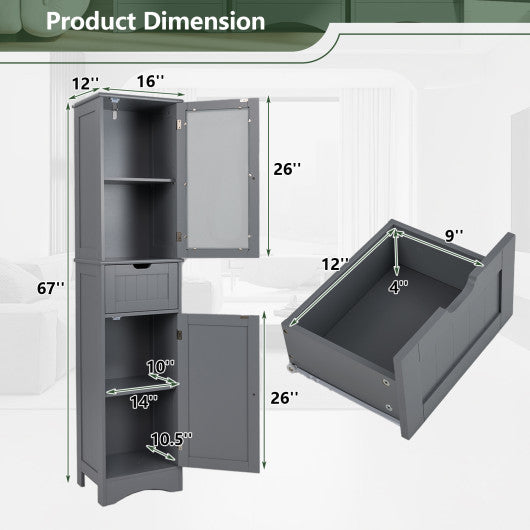 Tall Floor Storage Cabinet with 2 Doors and 1 Drawer for Bathroom-Gray