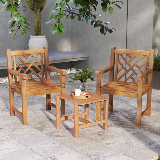 Teak Wood Patio Dining Chair with Slatted Seat Cross-Rhombus Backrest and Solid Legs