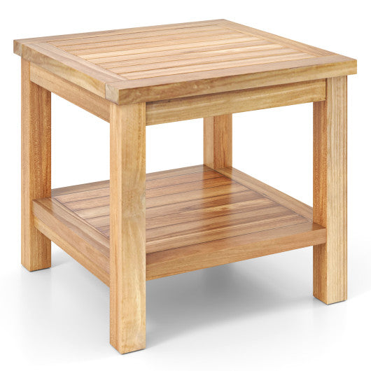 Teak Wood Square Side Table with Open Shelf for Small Space