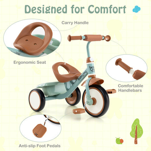 Toddler Tricycle Kids Trike with Adjustable Seat and Basket Aged 3-5 Years Old-Green