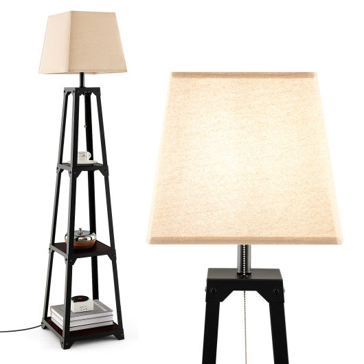 Trapezoidal Designed Floor Lamp with 3 Tiered Storage Shelf-Brown