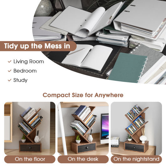 5-Tier Floor Standing Tree Bookcase with Drawer-Brown